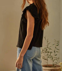 By Together - Woven Cotton Linen Button V-Neck Short Sleeve Top