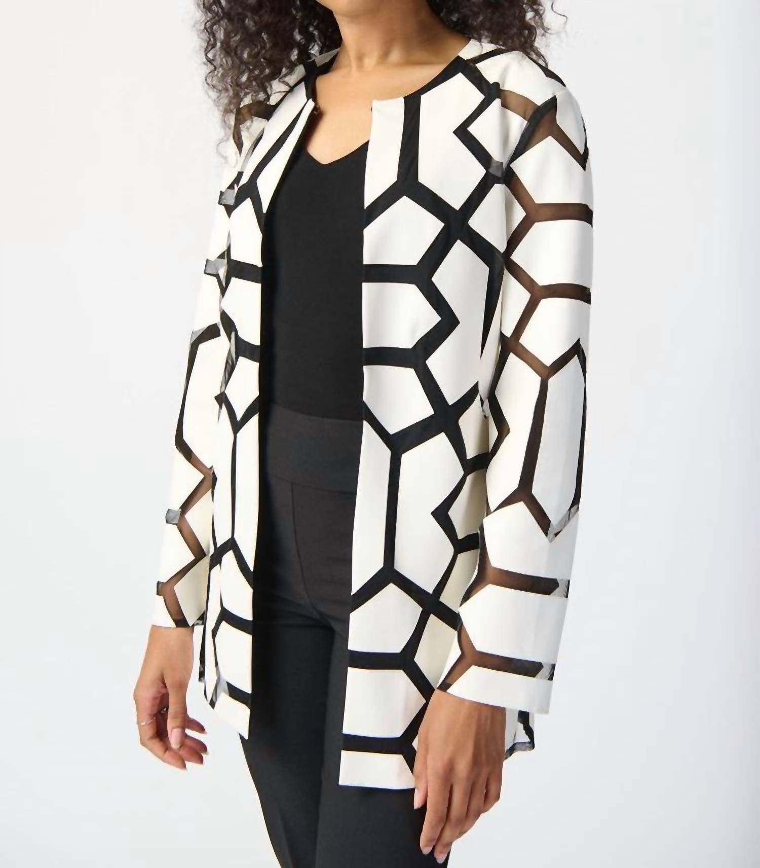 Joseph Ribkoff Lyssa Laser-cut Leatherette On Mesh Jacket in vanilla and black - women's jacket - detail view
