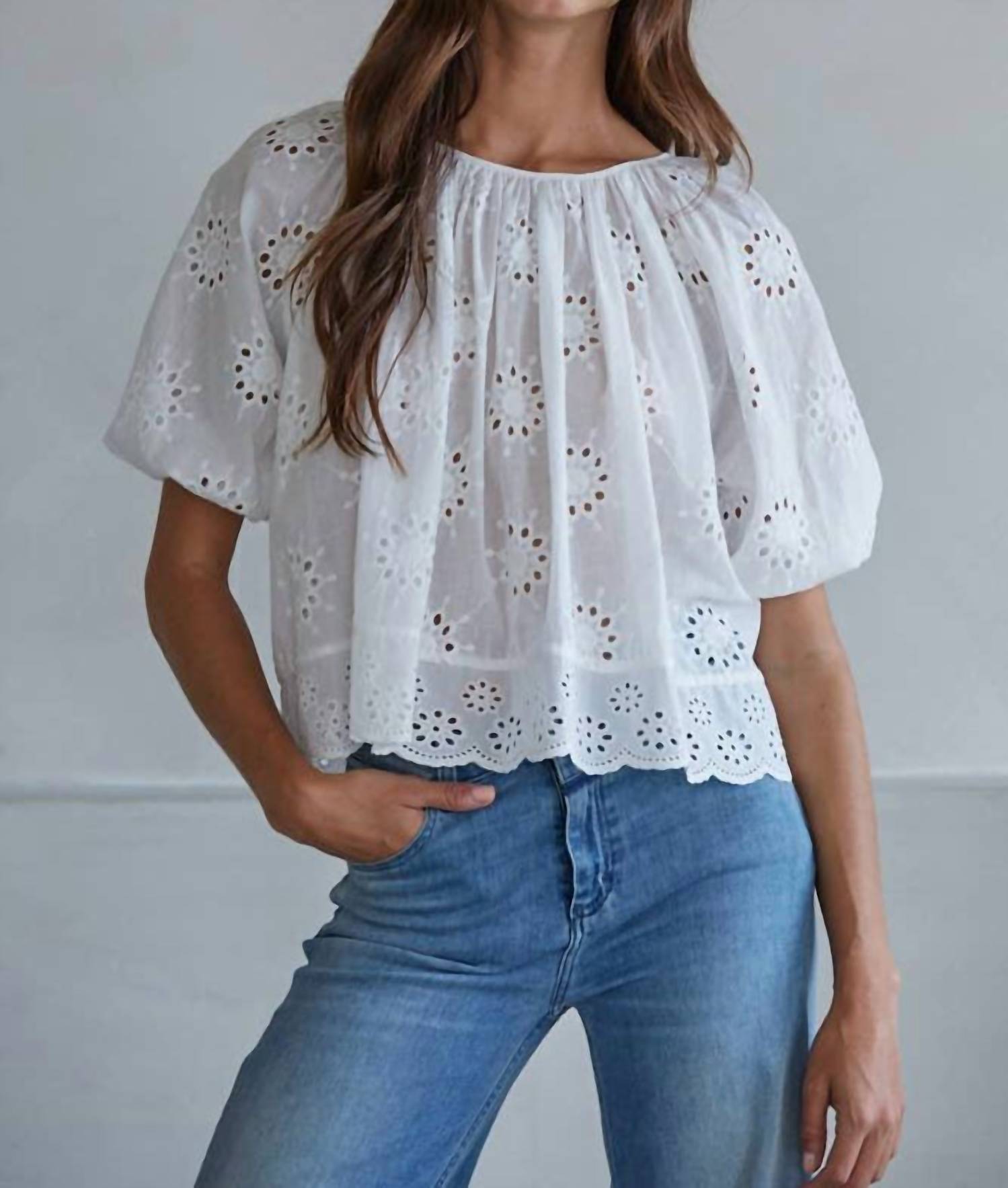 By Together Eyelet Round Neck Short Sleeve Top in white - women's blouse