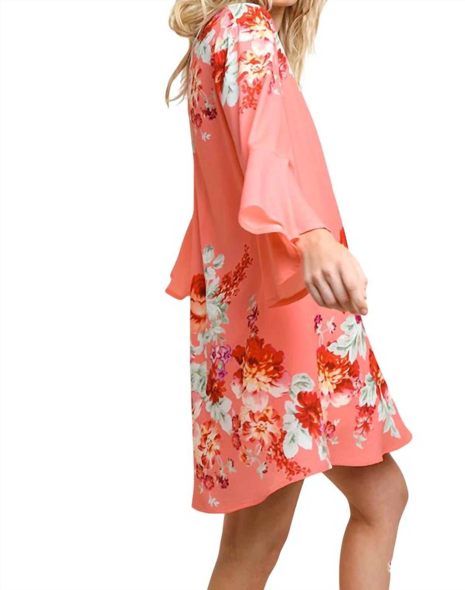 Umgee - Floral Print Bell Sleeve Mini Dress