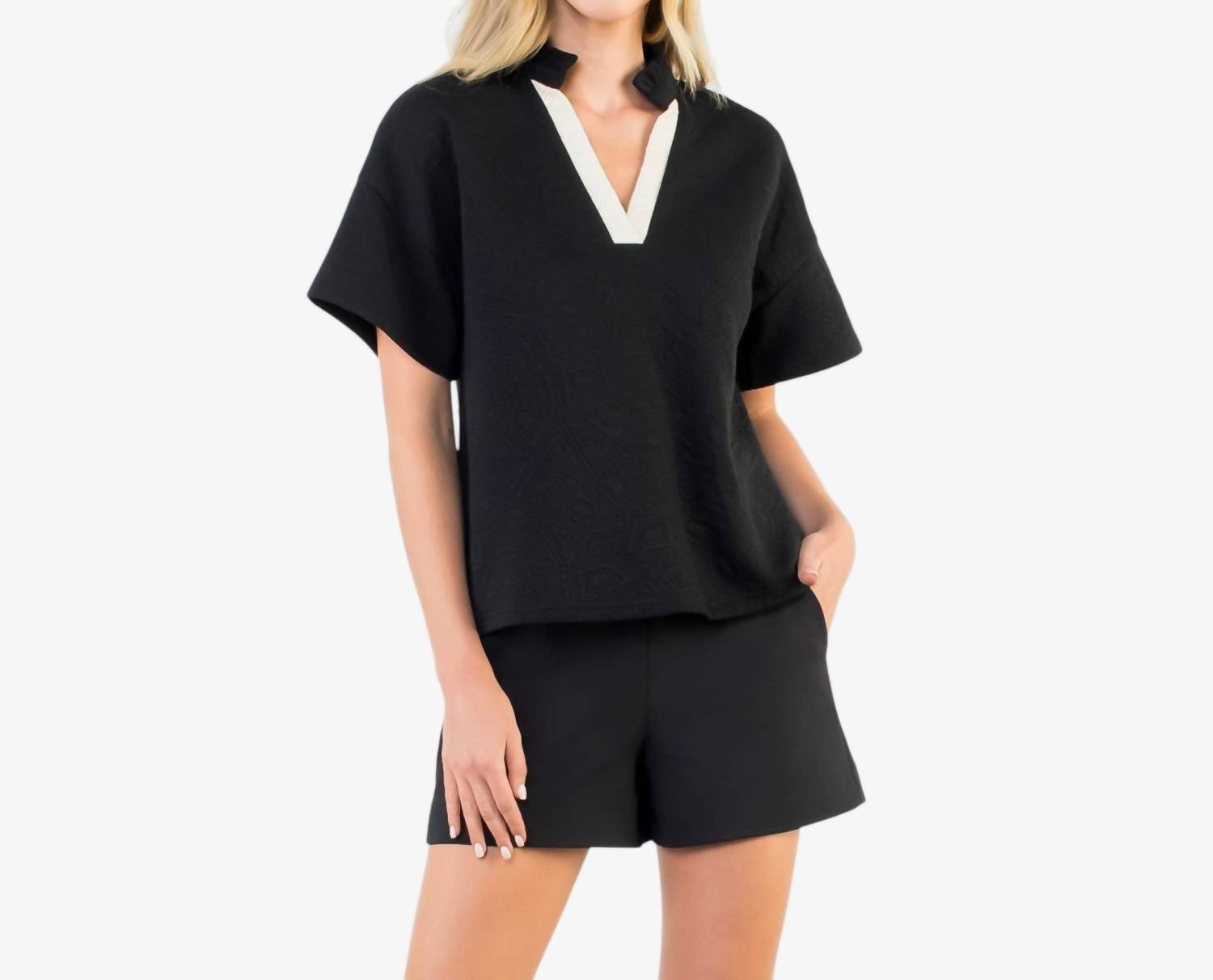 THML Contrast Trim V-Neck Top in black - women's t-shirt - view 4