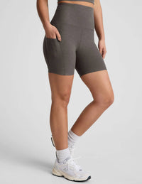 BEYOND YOGA Spacedye Keep Pace Biker Shorts in true gray heather - women's shorts - detail view