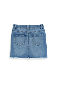 tractr Girl's Lisa Fray Hem Mini Skirt in indigo - kids' skirt - detail view