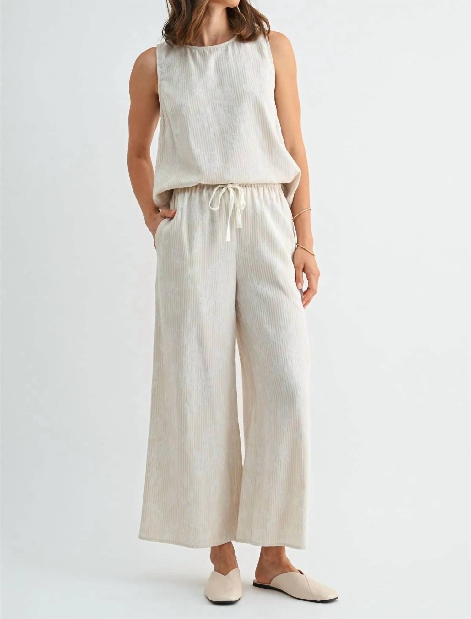 Fun 2 Fun - Stripe Floral Print Ankle Pants With Drawstring Waist
