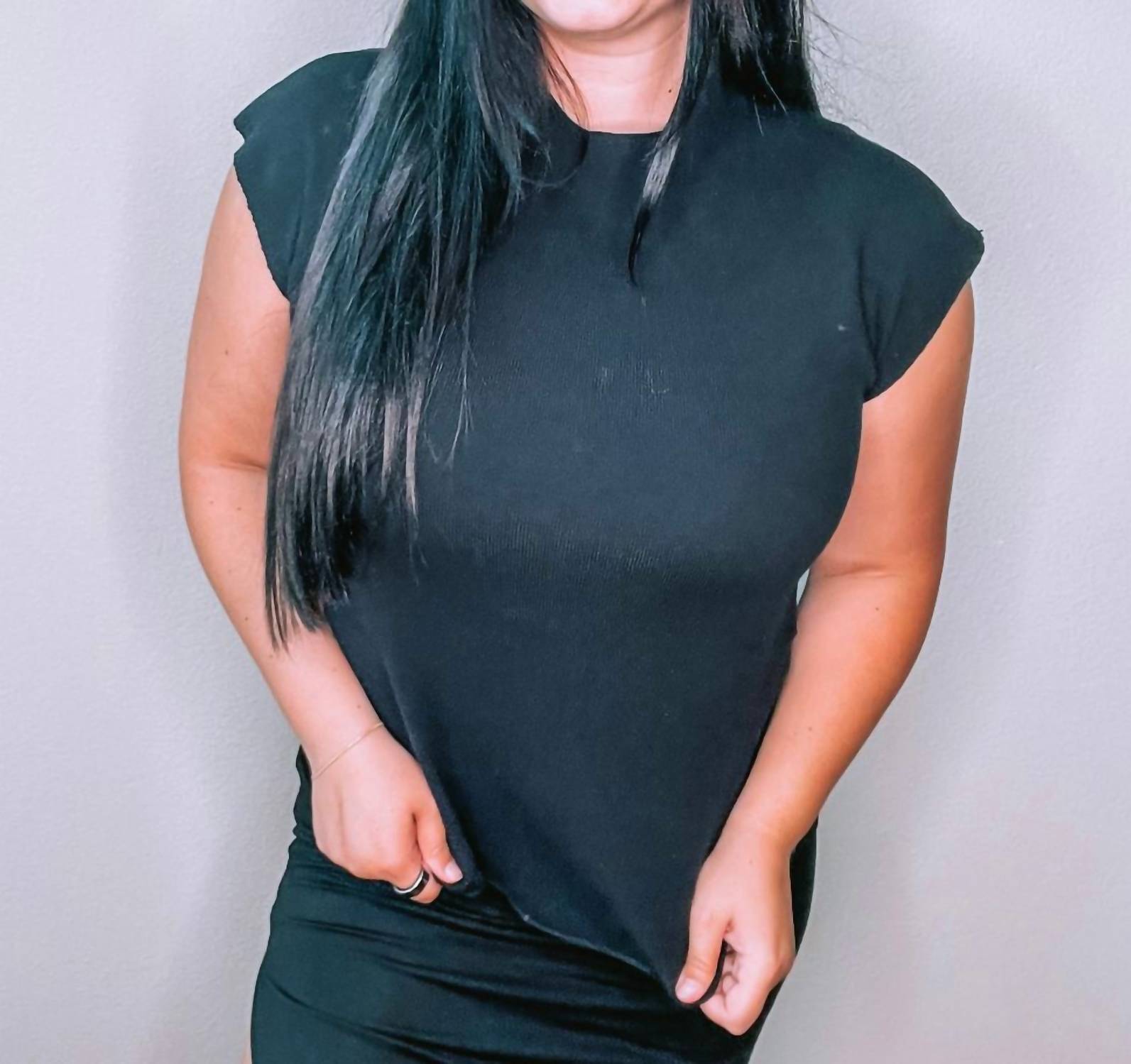 wasabi + mint Sleeveless Side Gathering Mock Knit Top in black - women's tank top