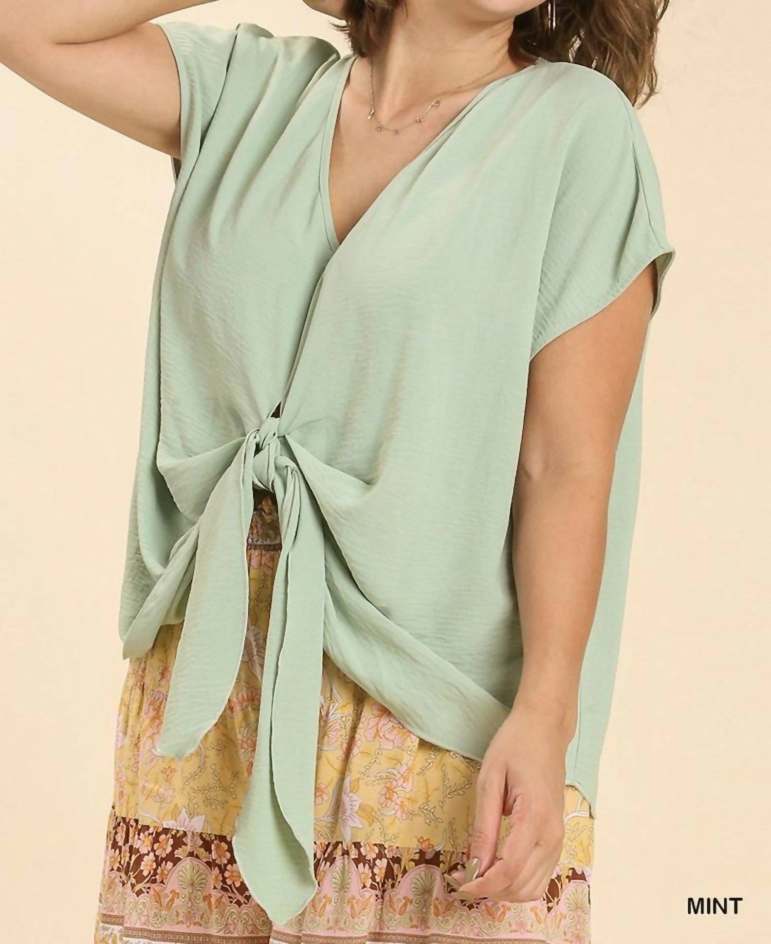 Umgee - Cap Sleeve Twist Front V-neck Top - Plus