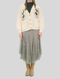 Blu Pepper Floral Embroidery V Neck Button Down Knit Cardigan in cream - women's cardigan - view 4