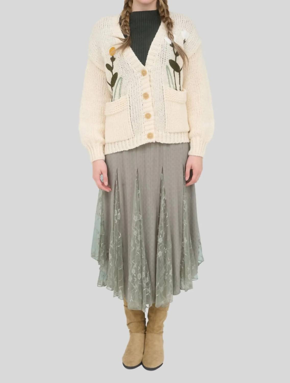 Blu Pepper Floral Embroidery V Neck Button Down Knit Cardigan in cream - women's cardigan - view 4