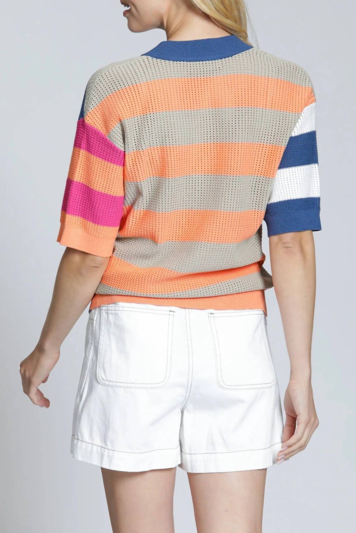 Apny - Open Knit Polo Sweater Top