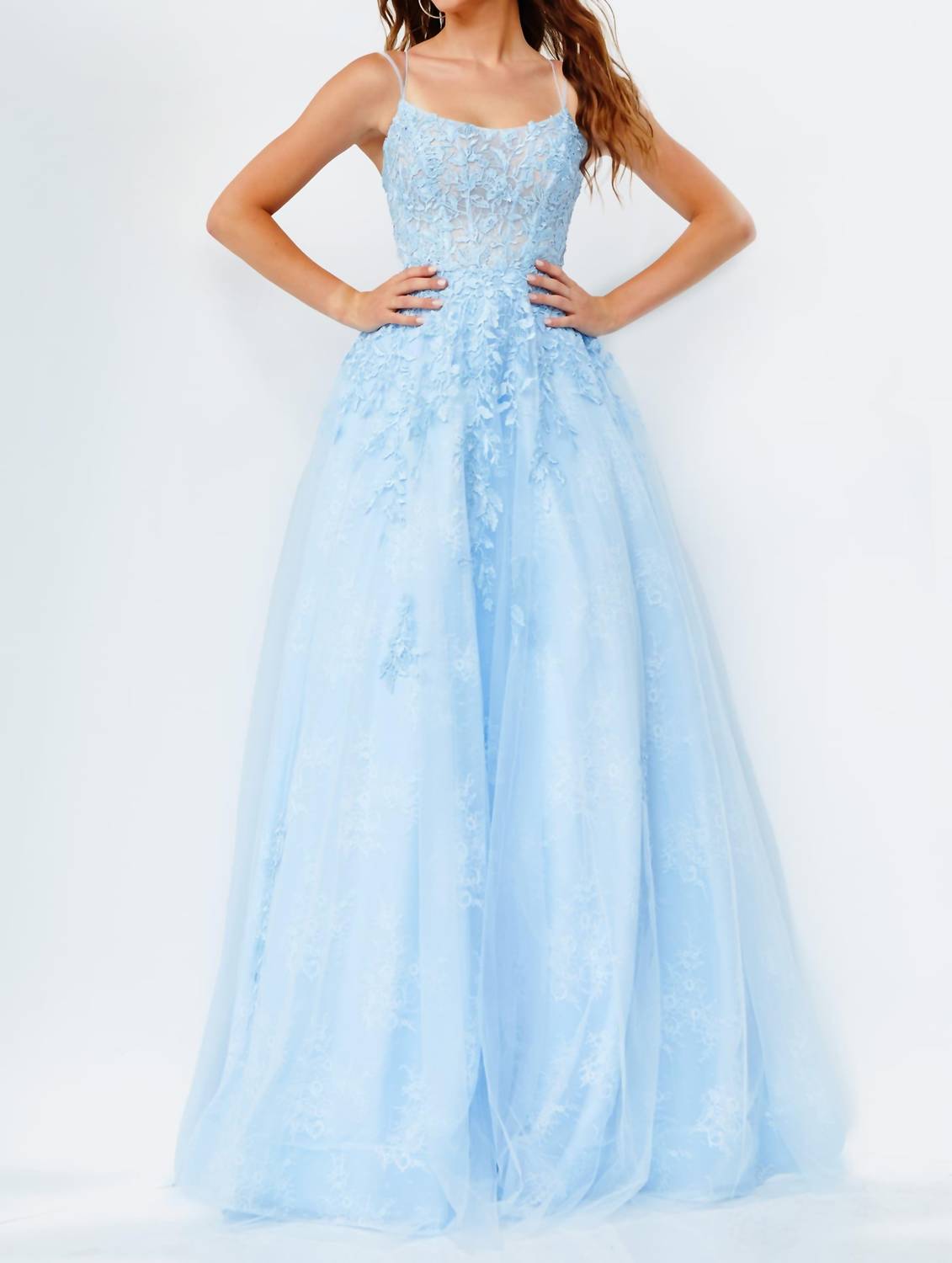 Jovani - Spaghetti Strap Embroidered Prom Gown