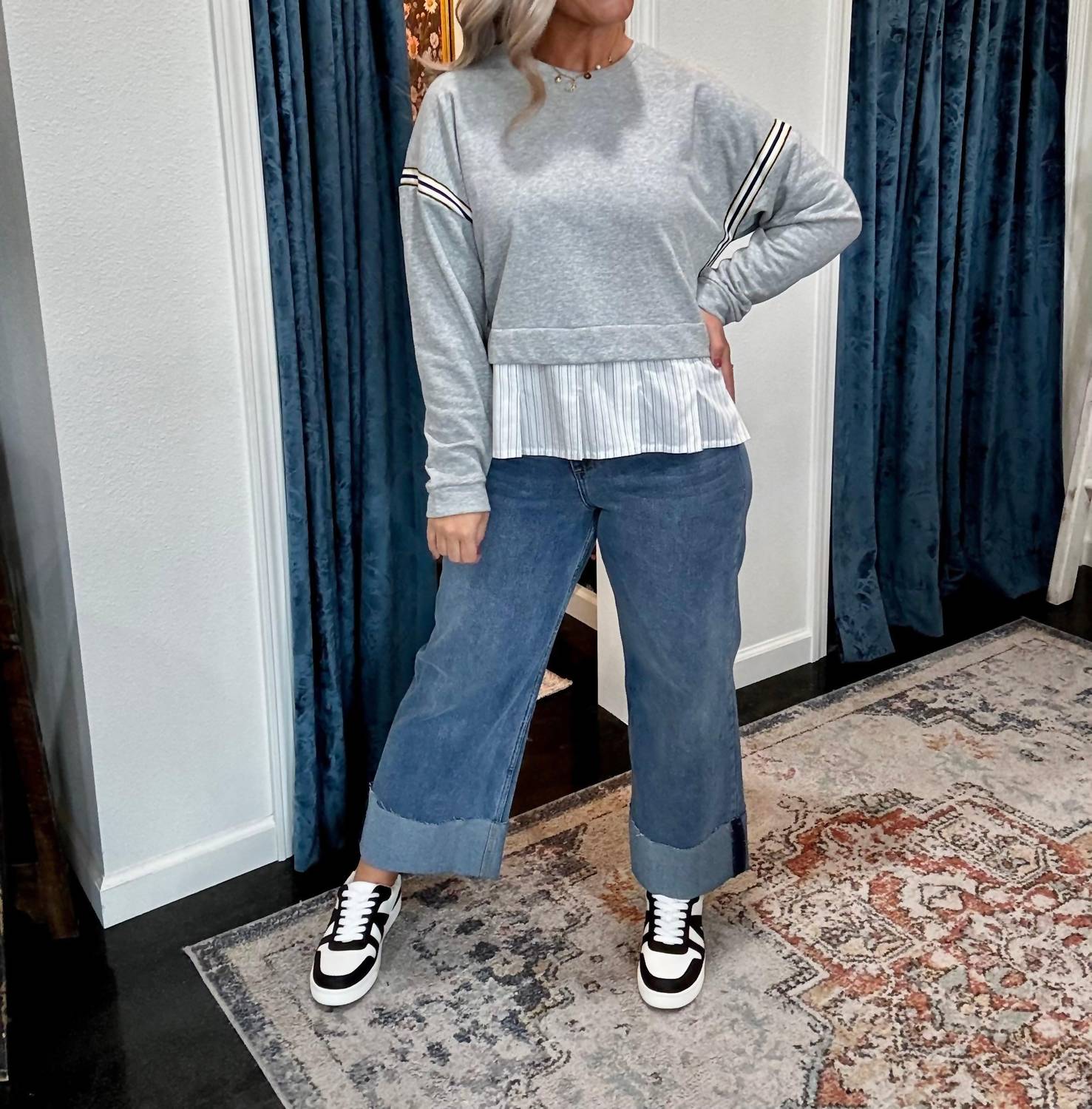 ee:some Striped Pullover Layered Top in grey - women's long sleeve top - detail view