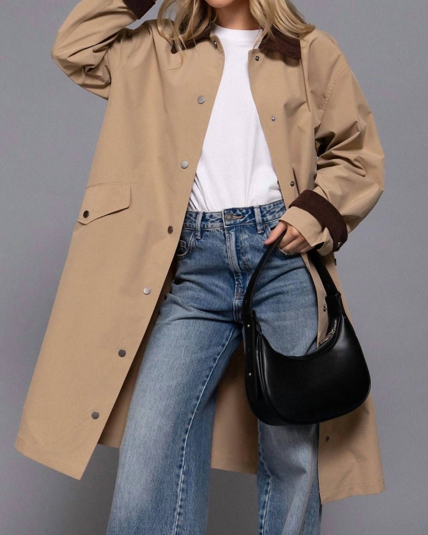 Active Basic - Long Sleeve Contrast Collar Button Down Trench Coat