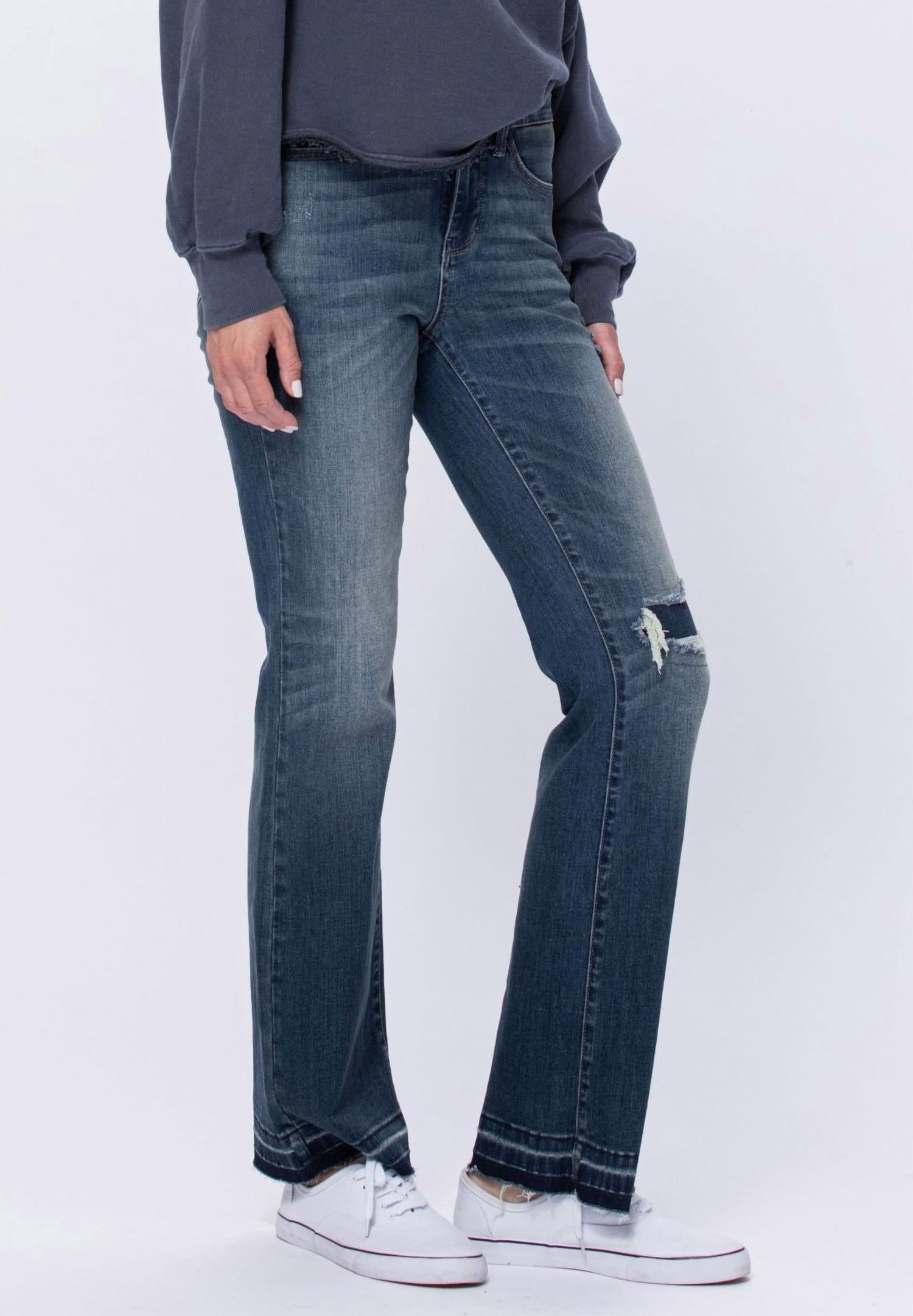Judy Blue - Mid Rise Bootcut Patched Distressed Knee Raw Hem Jeans - Plus Sizes