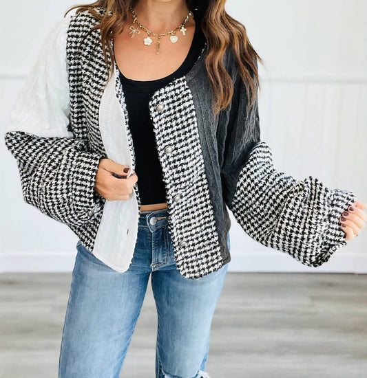 Pol - Houndstooth Jaquard Mixed Panel Jacket