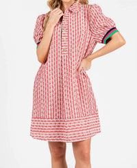 Sewn And Seen - Striped Floral Collared Puff Sleeve Mini Dress