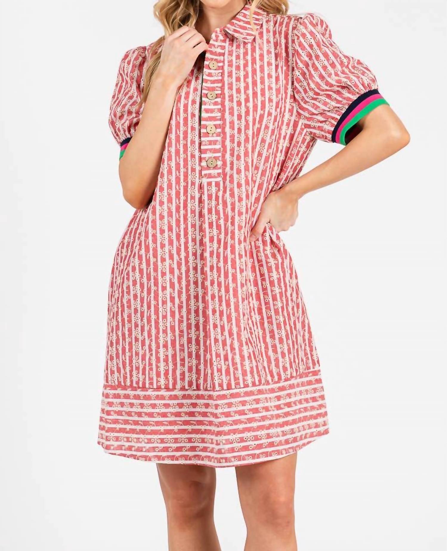 Sewn And Seen - Striped Floral Collared Puff Sleeve Mini Dress