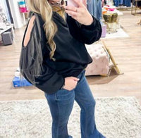 Fantastic Fawn - Fringe Cold Shoulder Knit Sweatshirt