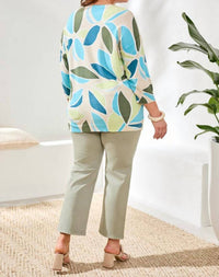 TRIBAL Printed Three-quarter Sleeve Crew Neck Sweater in aqua sky - women's sweater - alternate view