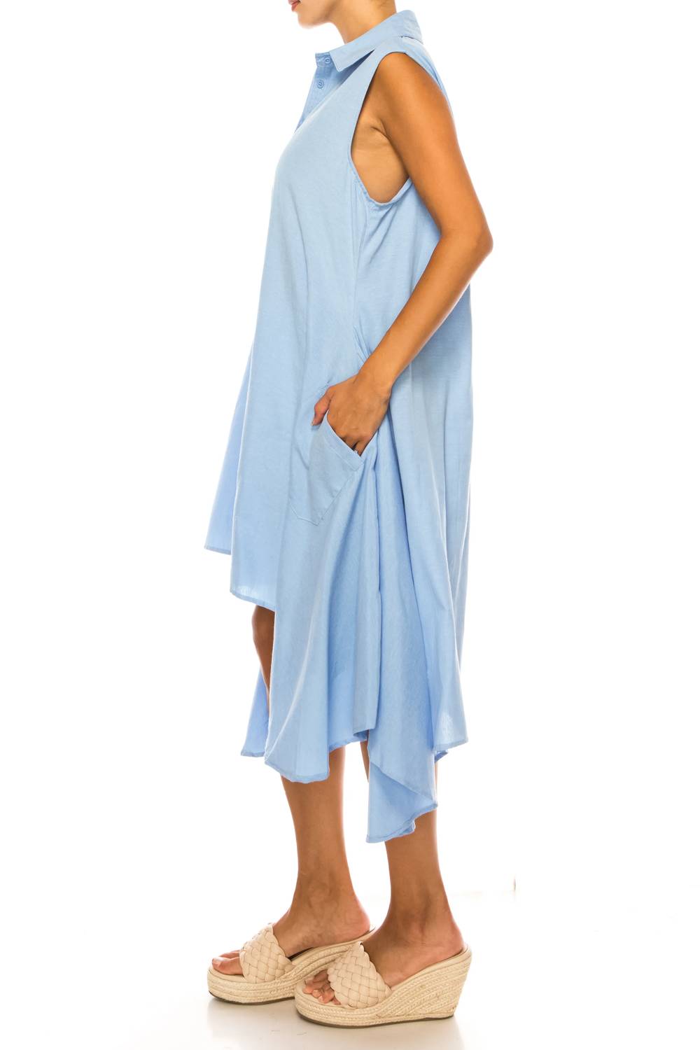 Vivid - Sleeveless Split-neck Uneven Hem Shirt Dress