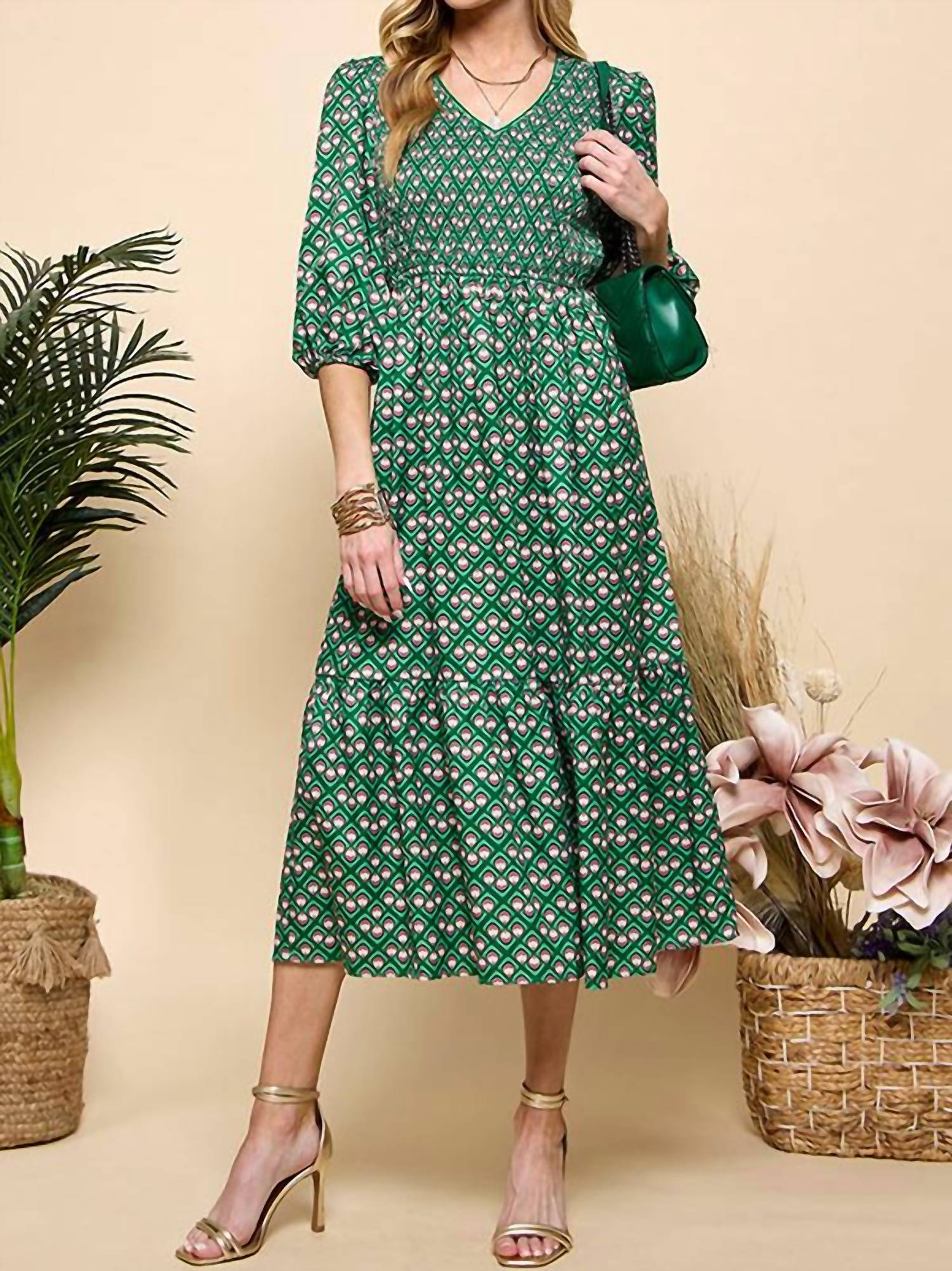 CEZELE Smocked Midi Dress in green - women's dress