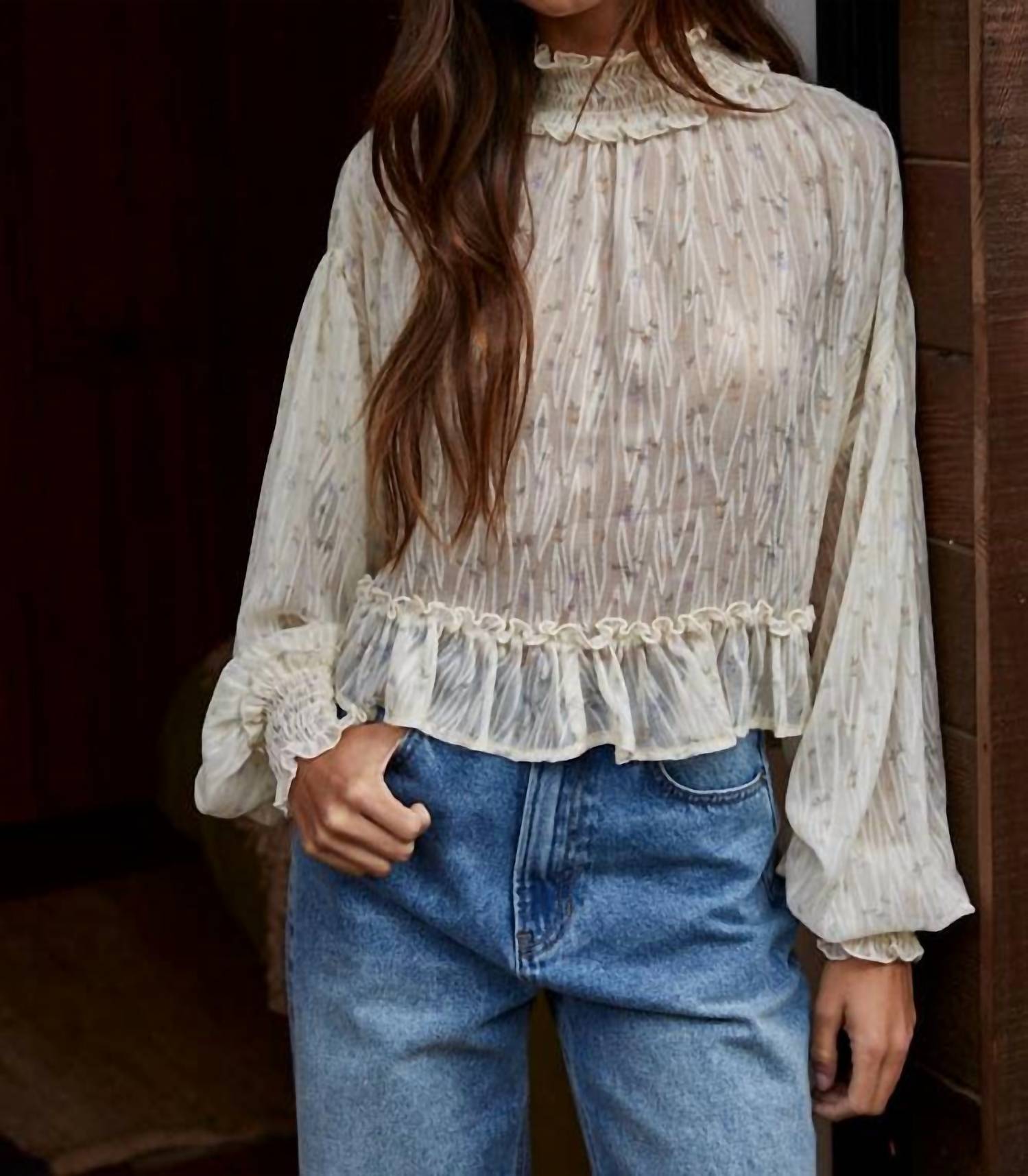 By Together - Woven Polyester Floral Print See Through Smocked Top