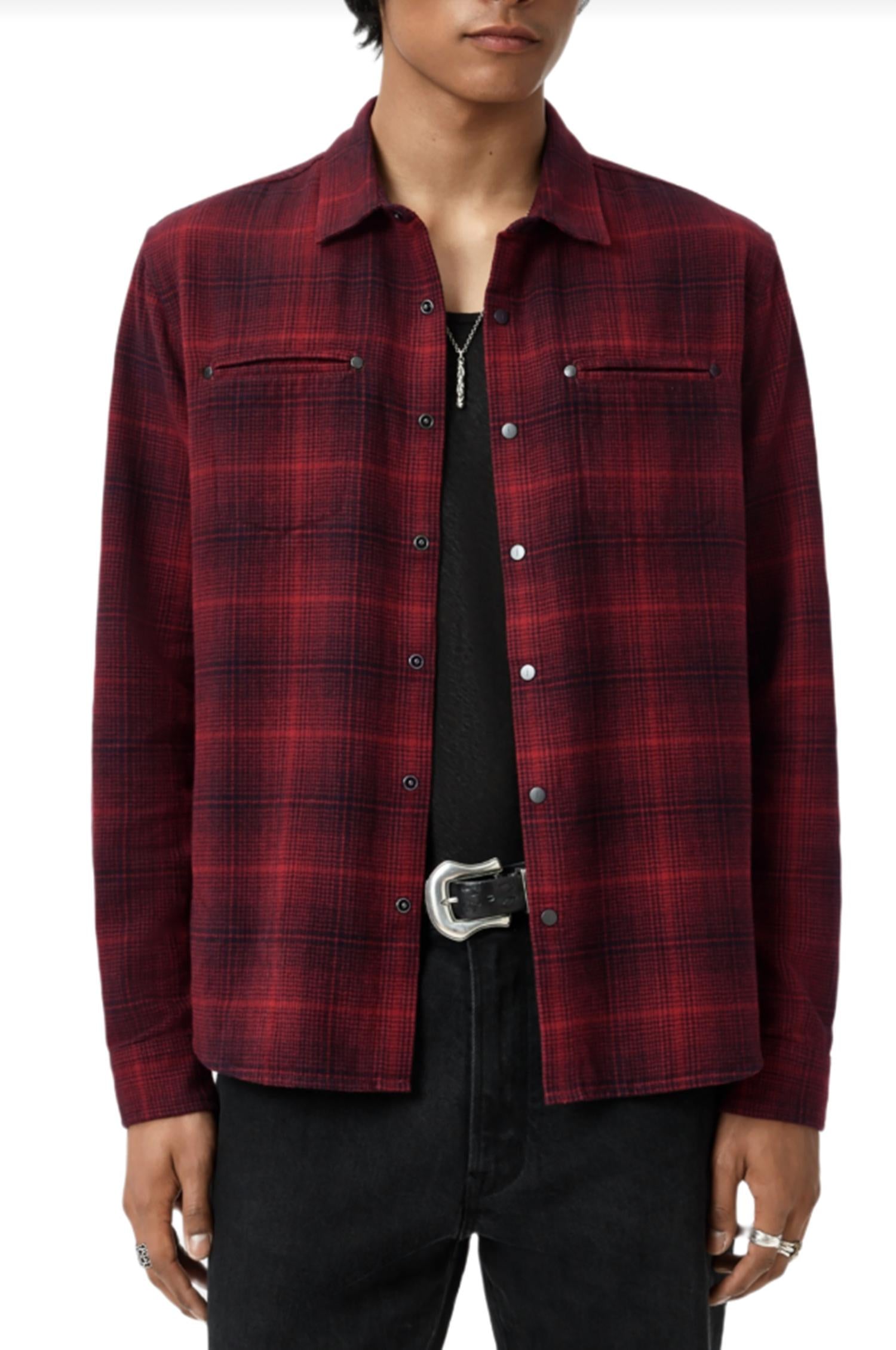 John Varvatos Dario Brushed Plaid Shirt in pomegranate - men's shirt