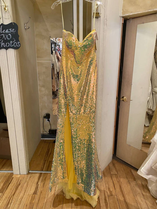 YELLOW SEQUIN SLIT DRESS