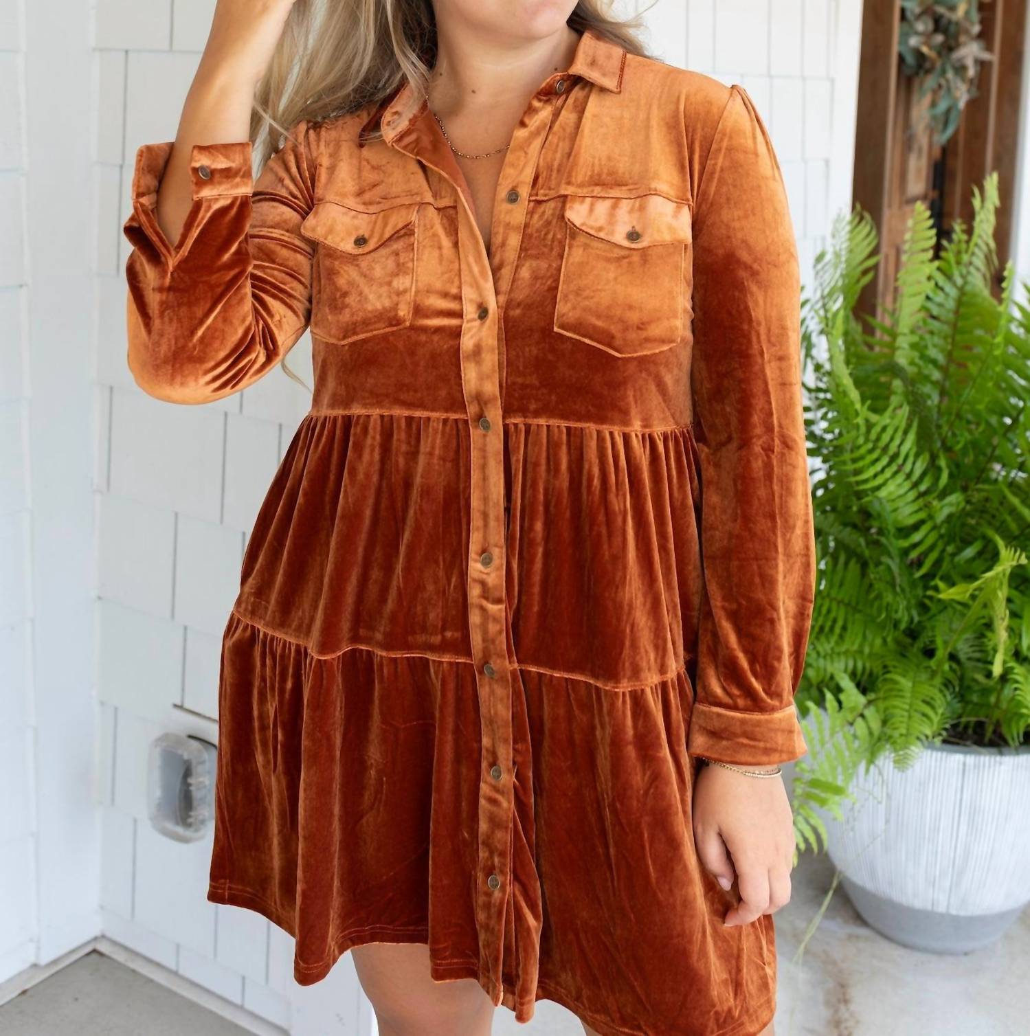 umgee Velvet Fall Button Up Dress in brown - women's dress - detail view