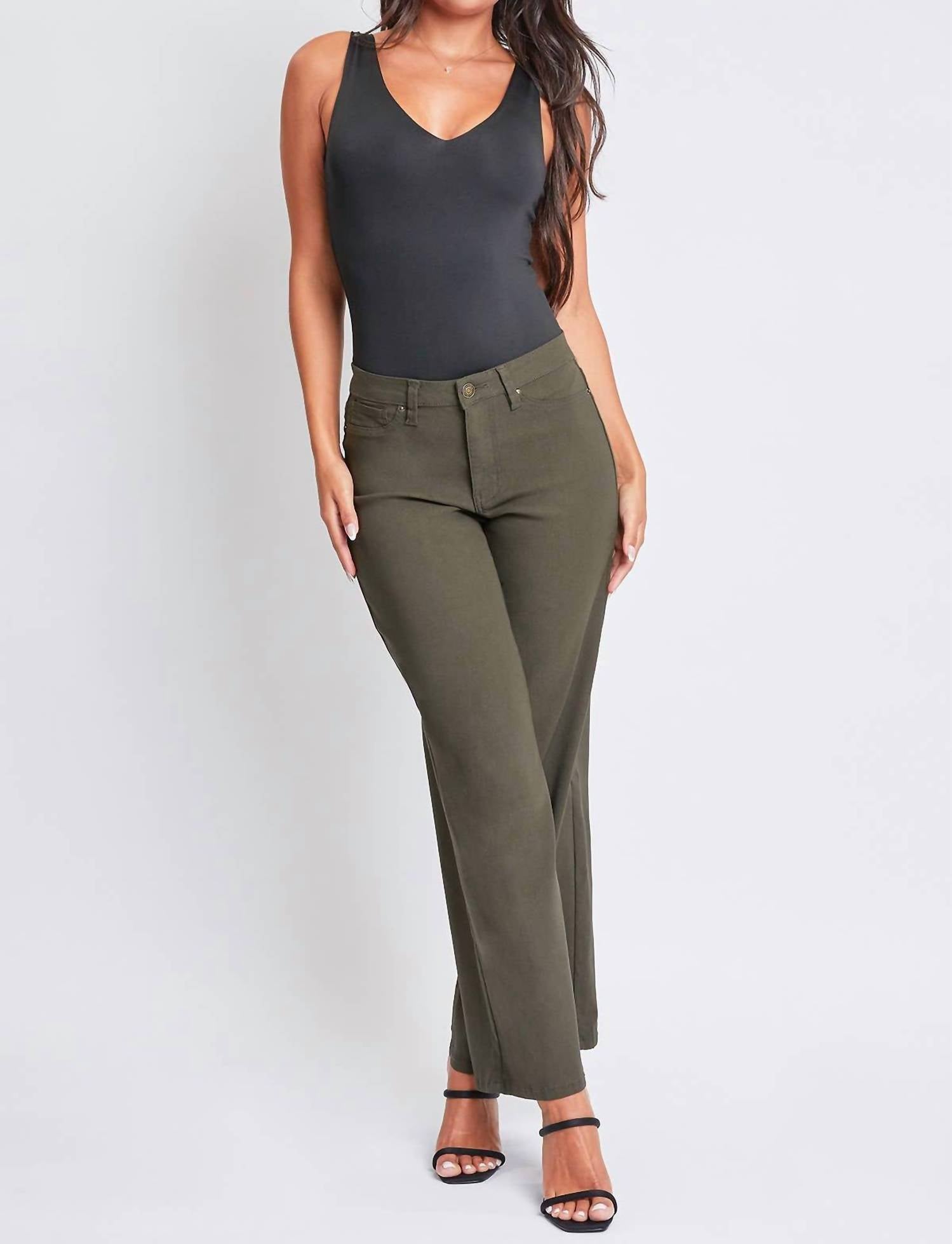 YMI Hyperstretch High Rise Wide Leg Pants in olive - women's pants - detail view