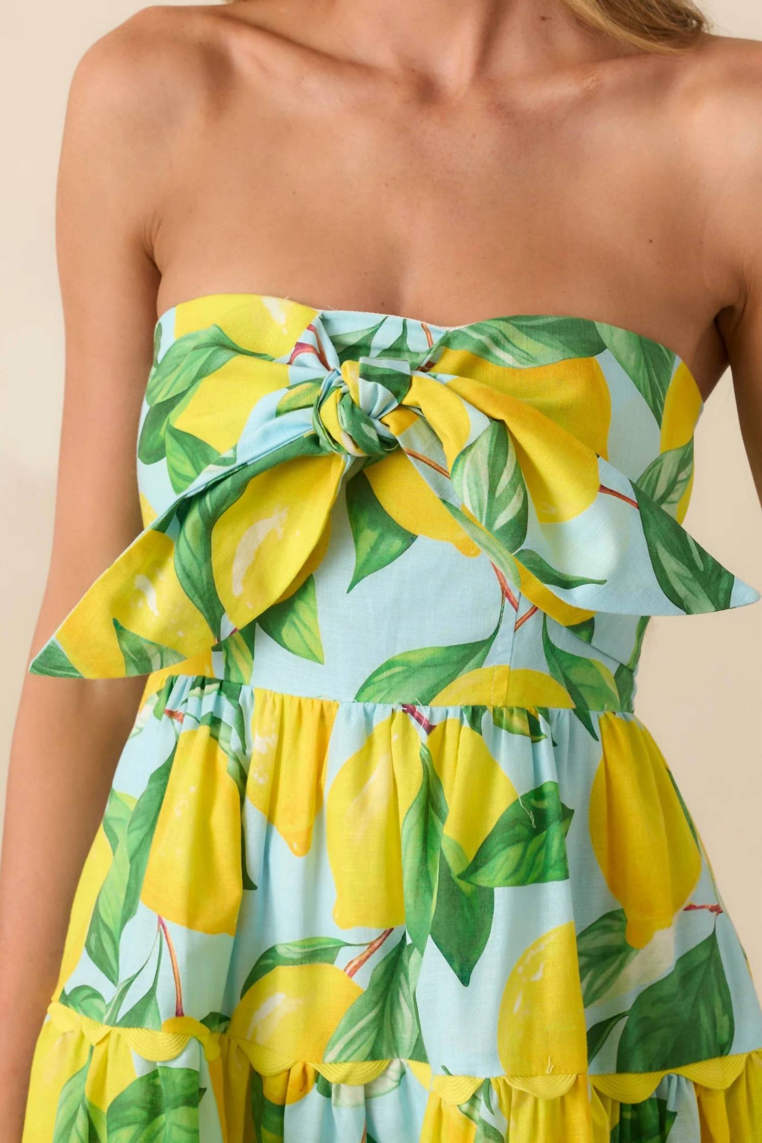 Prosperina Elena Strapless Midi Dress in blue lemon - women's dress - detail view