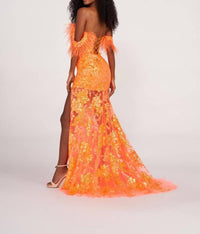 Ellie Wilde - Feather-trim Off-shoulder Long Sequin Prom Dress