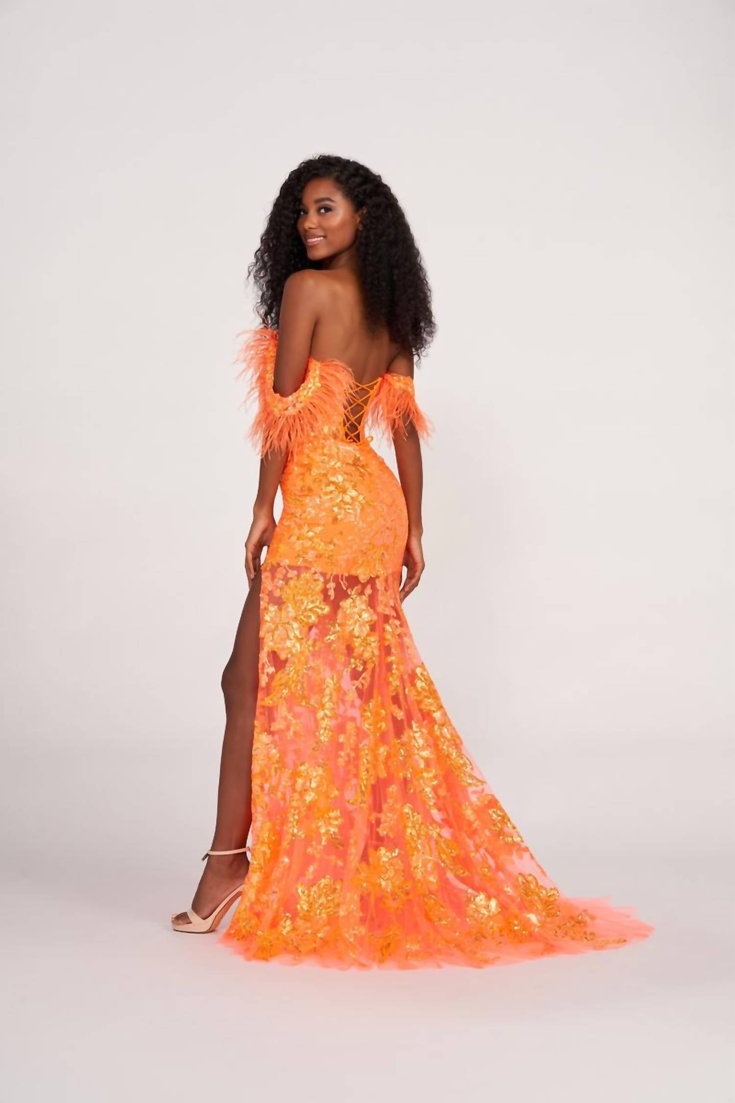 Ellie Wilde - Feather-trim Off-shoulder Long Sequin Prom Dress