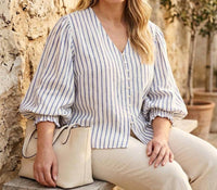 Karen Kane - Stripe Layered Sleeve Shirred Blouse - Plus