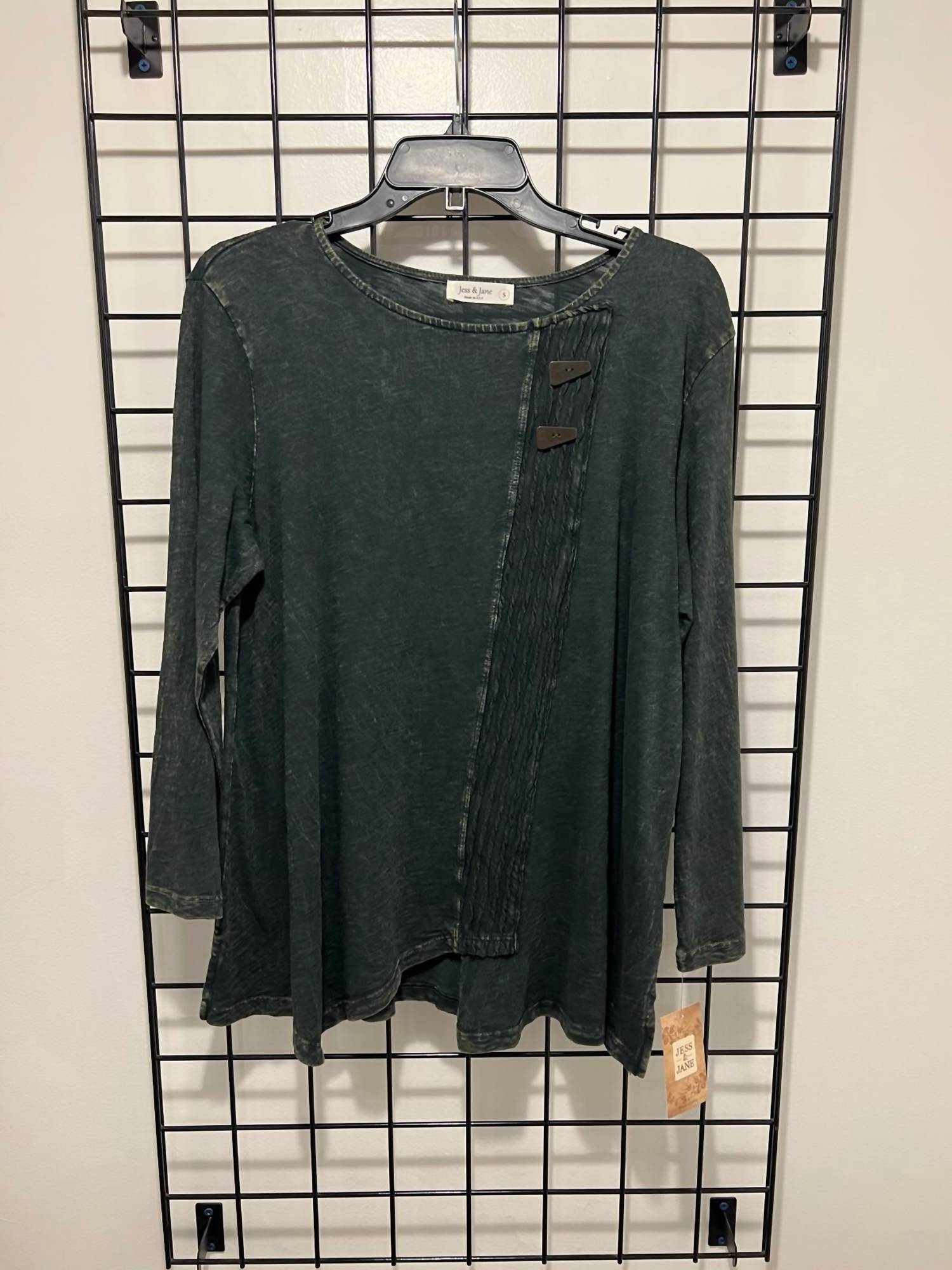 Jess & Jane Women's Mineral Washed Faux Wrap Top in moss green - women's blouse
