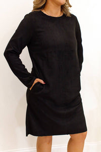 Joh Round Neck Suede Dress With Pockets in black - women's dress - detail view