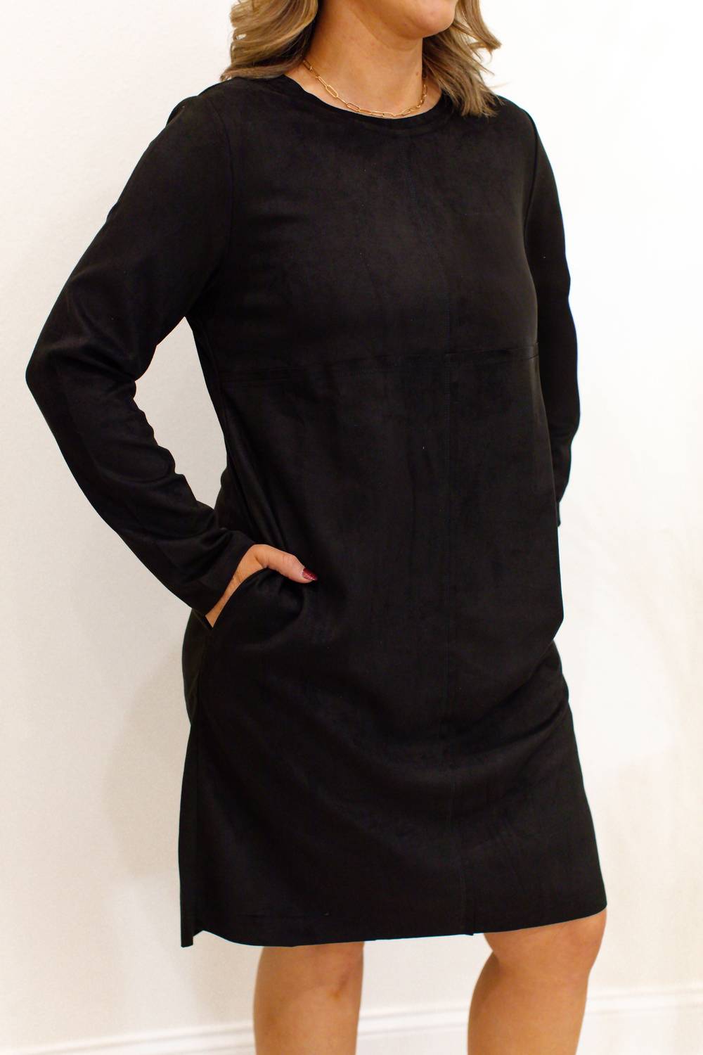 Joh Round Neck Suede Dress With Pockets in black - women's dress - detail view