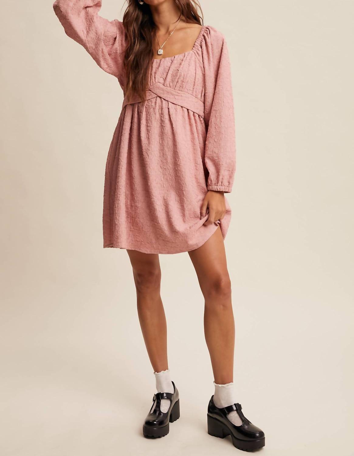 Listicle - Textured Square Neck Babydoll Mini Dress