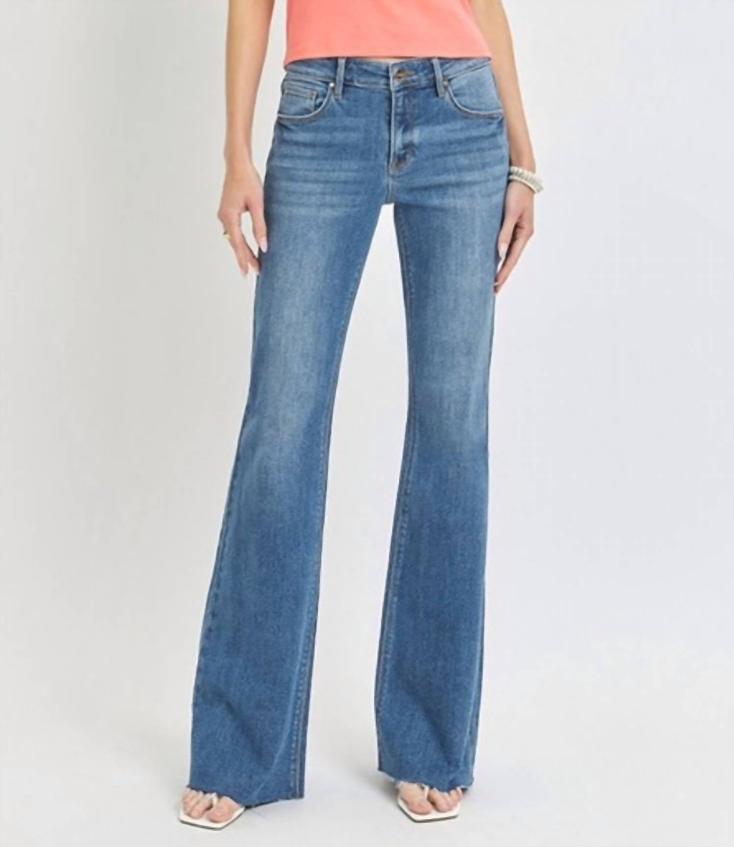 Risen - Mila Mid Rise Flare Raw Cut Hem Jeans