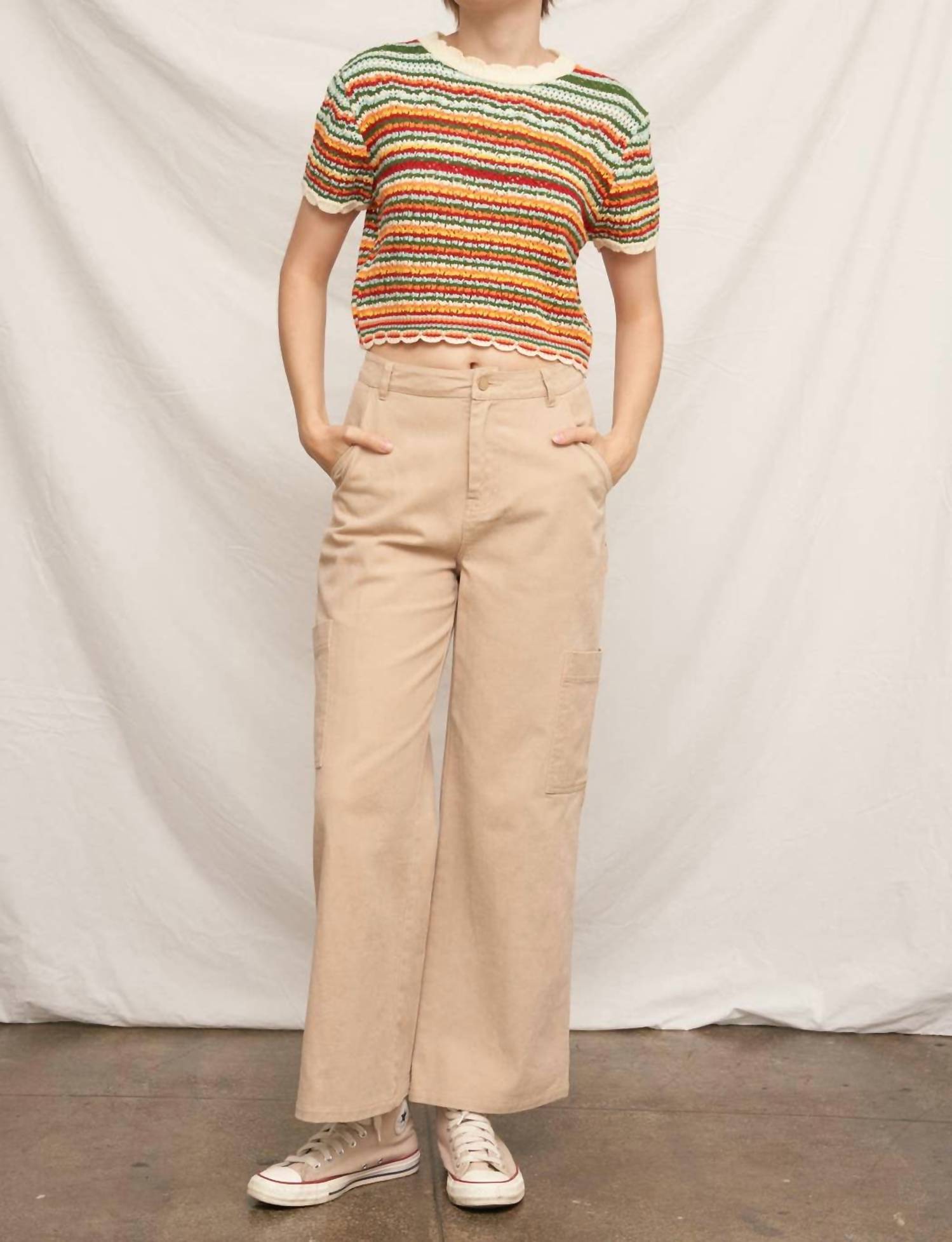 En Creme - Short Sleeve Knit Sweater Cropped Top