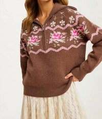 Knit & Lounge - Half-zip Sweater With Floral Fair Isle Pattern