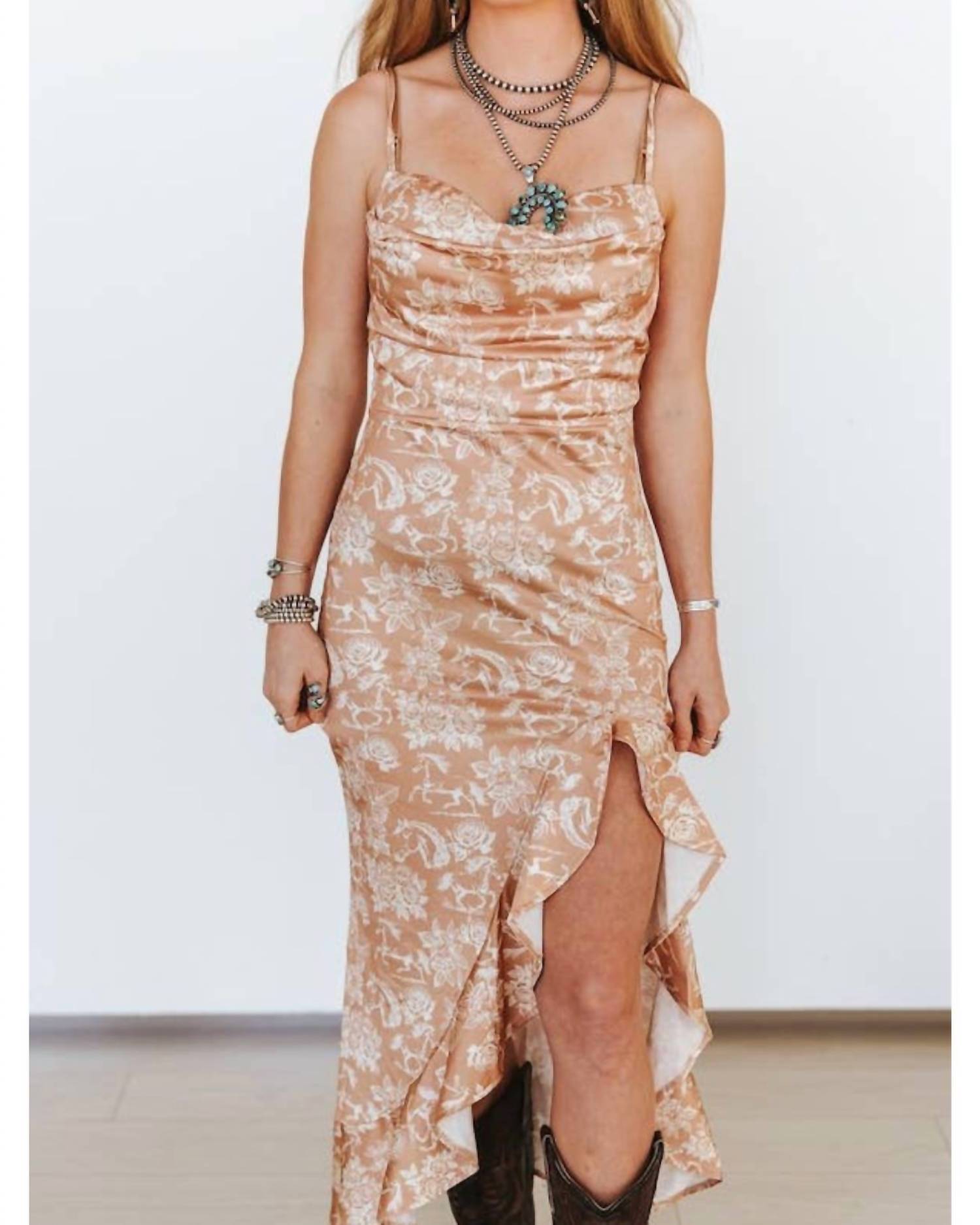 Lucky & Blessed - Floral Horse Print Midi Dress With Front Slit