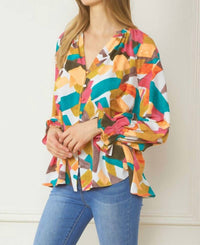 entro Abstract Button Down Blouse in fuchsia mix - women's blouse - alternate view
