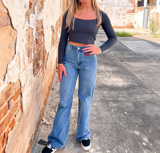 Vibrant Miu - Berkley Pearl Stud High Rise Wide Jeans