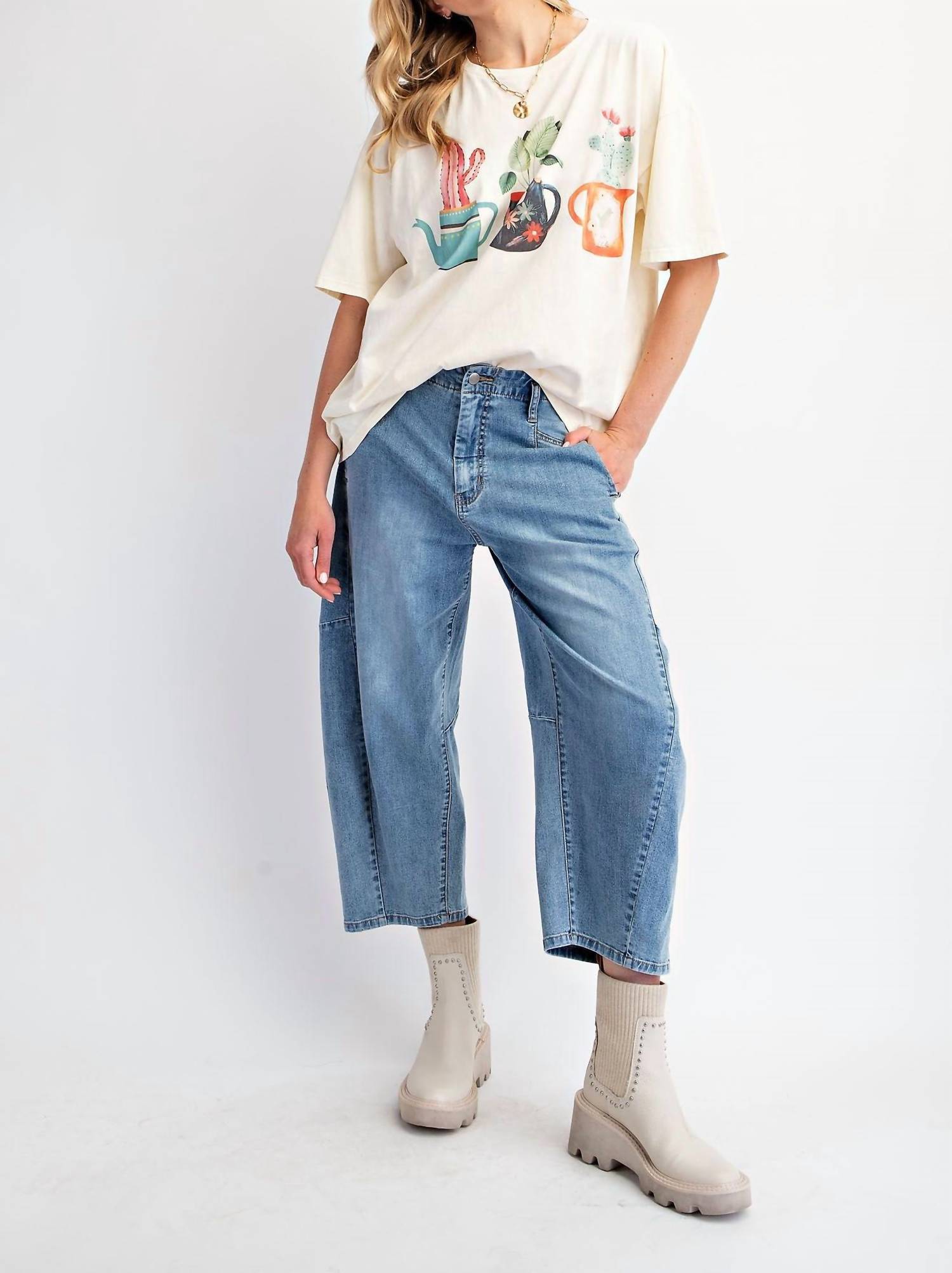 Easel - T-shirt With Graphic Cactus Planted In Tea Pots