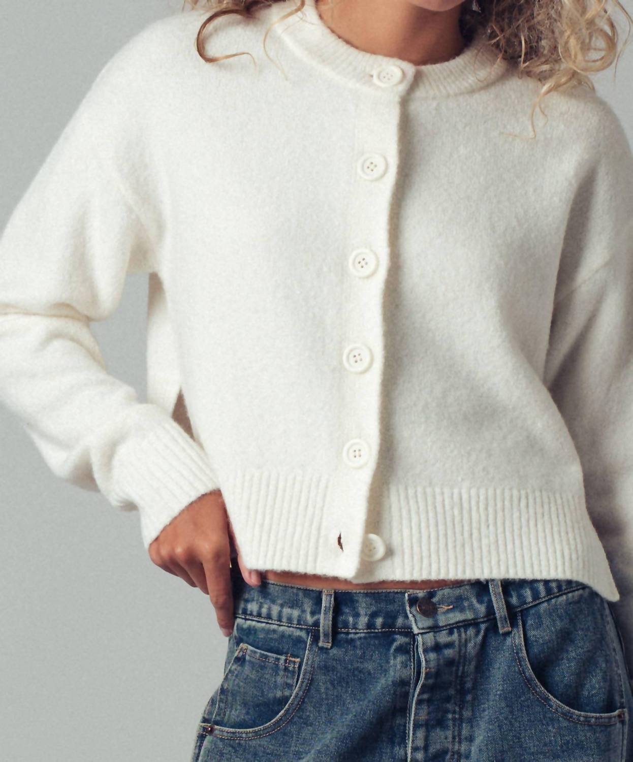 Urban Daizy Classic Button Up Cardigan in ivory - women's cardigan - detail view