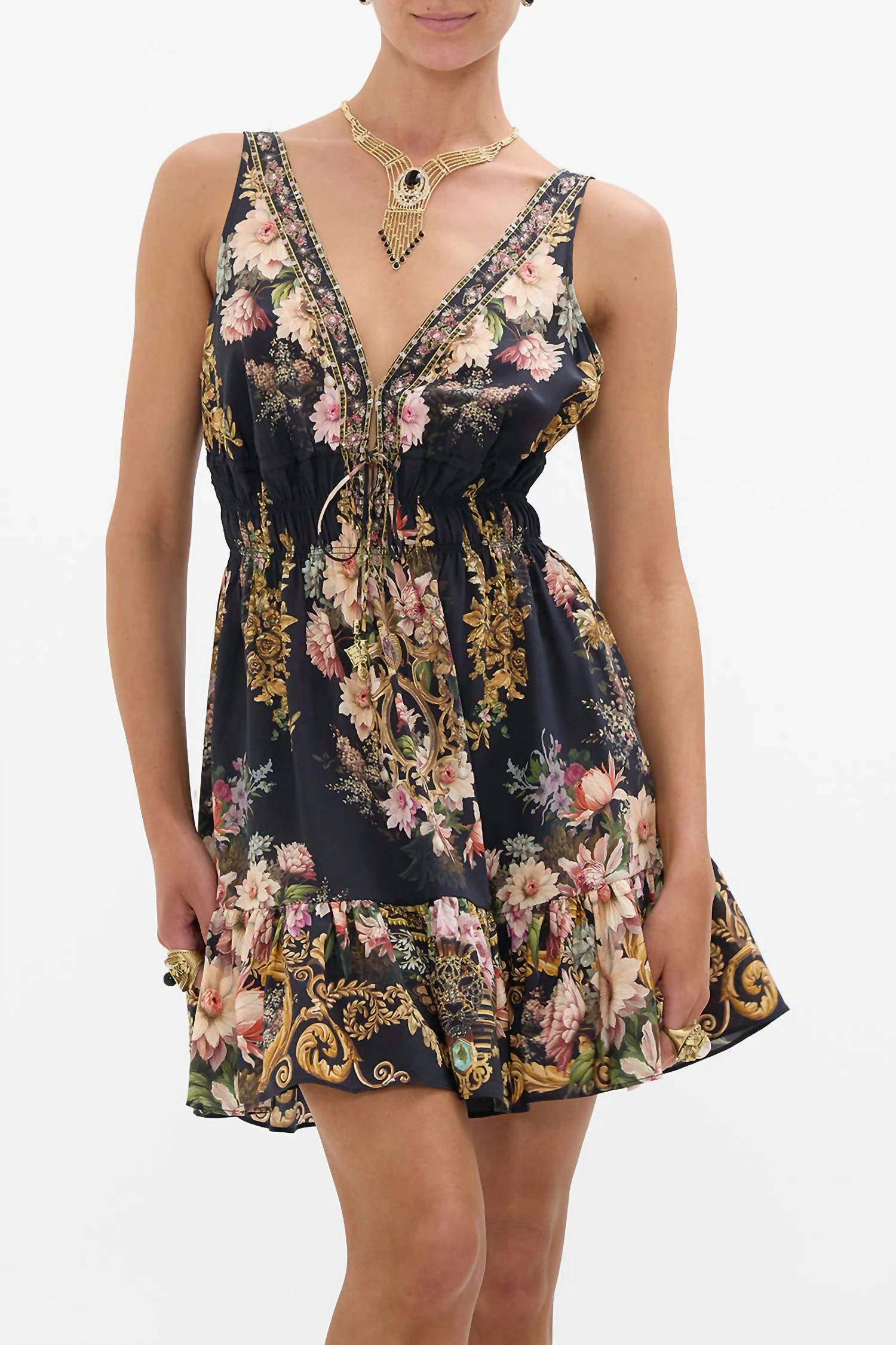 Camilla Shirred Waist Detail Mini Dress in dynasty daze - women's dress