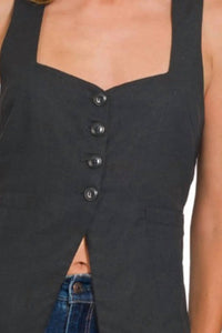 Zenana - Linen Tie-back 4-button Vest With Lining