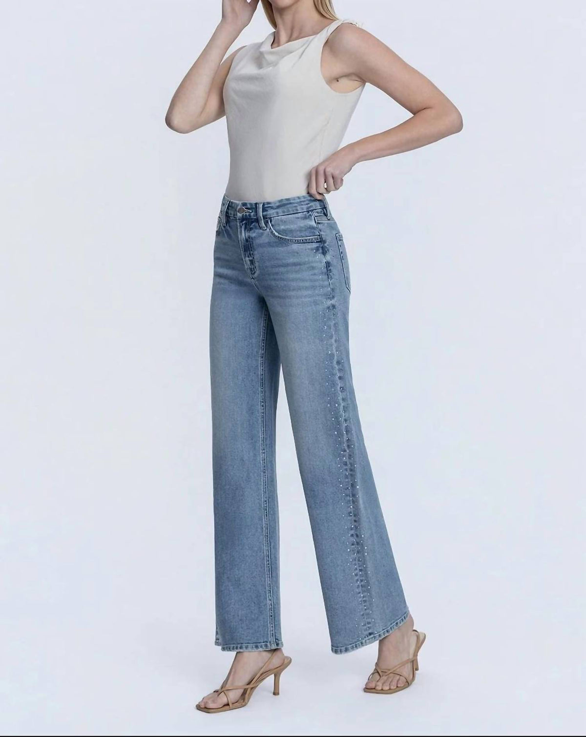 Flying Monkey - High Rise Hotfix Stone Wide Leg Jeans