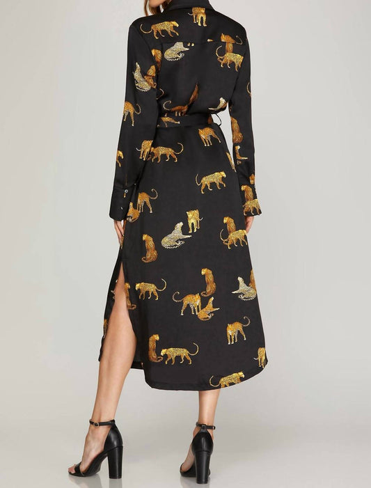 Umgee - Long Sleeve Cheetah Cheeta Print Midi Dress