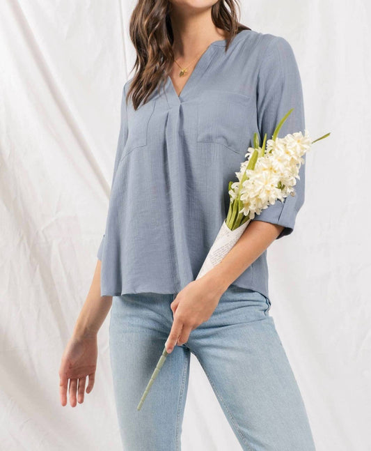 Blu Pepper - Split Neck Back Button Three Quarter Tab Sleeve Top